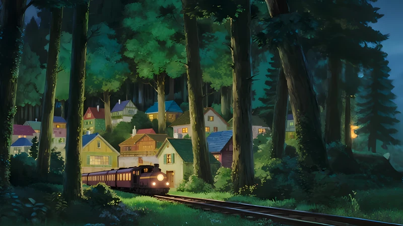 Anime Forest Village Night and Train 4K 8K Ultra HD Wallpaper Collection - Pack with 3 wallpapers for $1