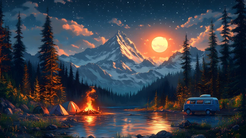 Oriental Art Mountain Lake Campfire 8K Ultra HD Desktop Wallpaper