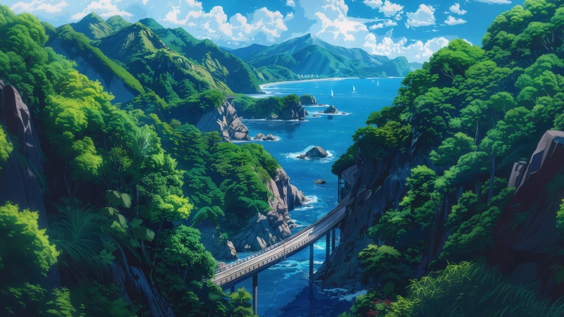 Japanese Anime Coastal Mountains 8K Ultra HD Desktop Wallpaper