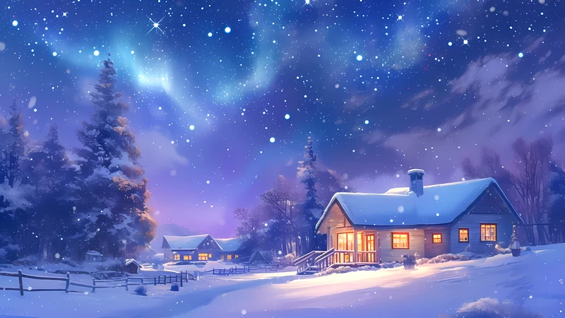 Winter Night Cottage 4K Desktop Wallpaper