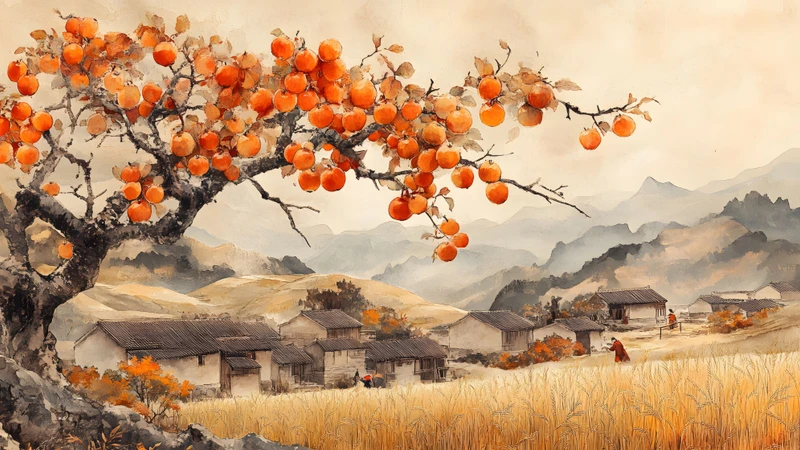 Chinese Style Persimmon Tree 8K Ultra HD Desktop Wallpaper