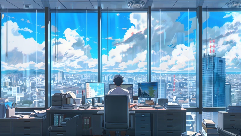 Anime Office Cityscape 8K Ultra HD Desktop Wallpaper