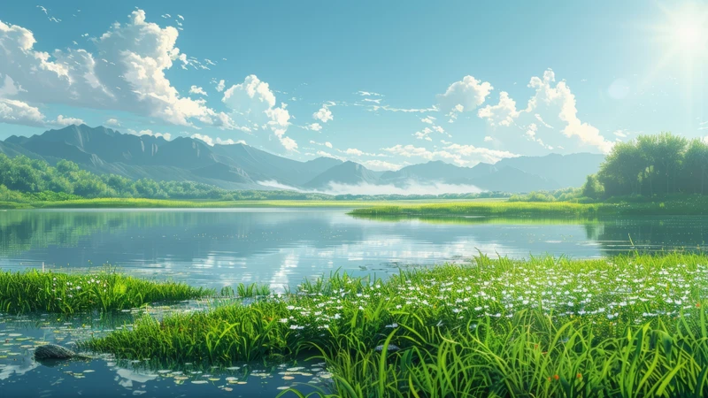 Oriental Art Lake and Mountains 8K Ultra HD Desktop Wallpaper