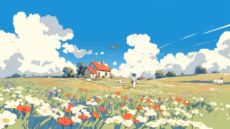 Ghibli-Style Flower Field Cottage 8K Ultra HD Desktop Wallpaper