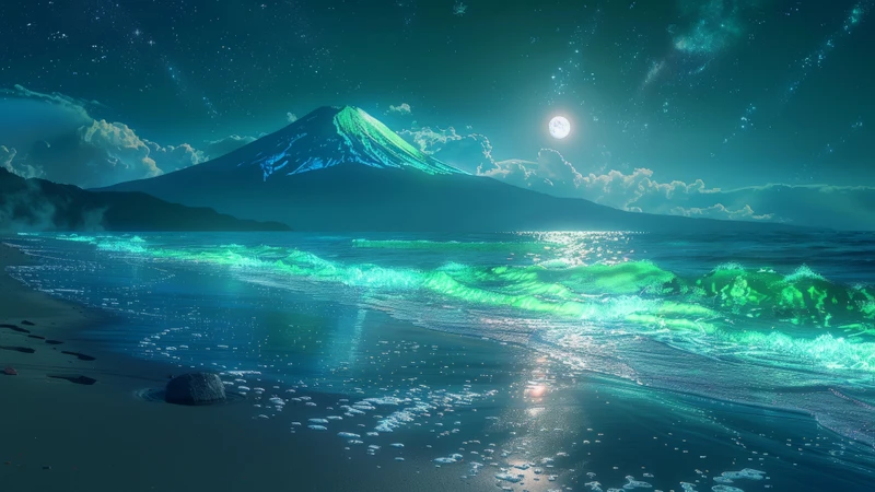 Japanese Mount Fuji Moonlit Beach 8K Ultra HD Desktop Wallpaper