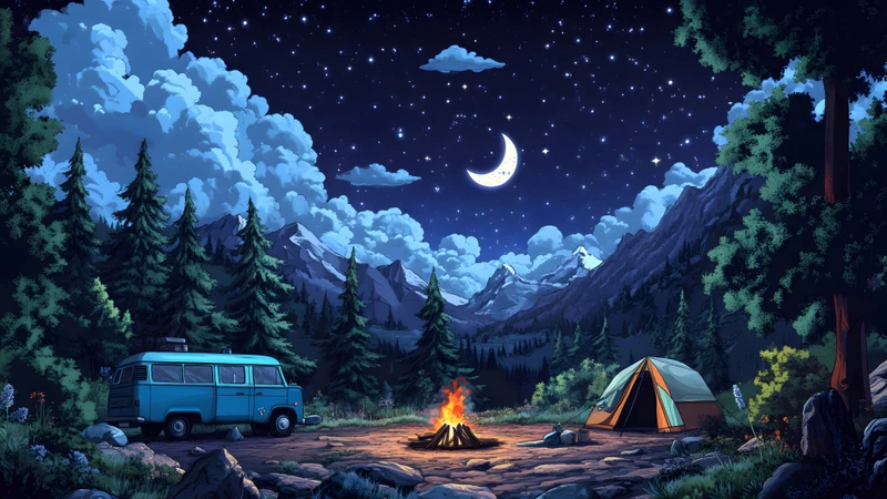 Oriental Art Night Campfire 8K Ultra HD Desktop Wallpaper
