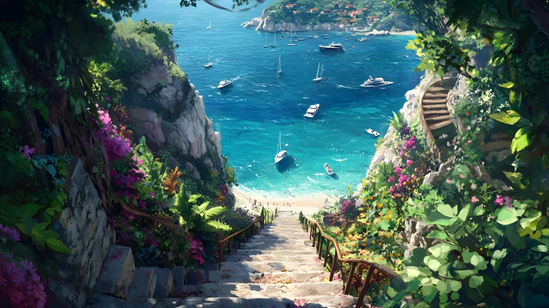 Anime-Style Seaside Stairs 8K Ultra HD Desktop Wallpaper