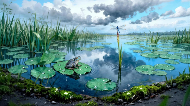 Oriental Art Frog Lotus Pond 8K Desktop Wallpaper