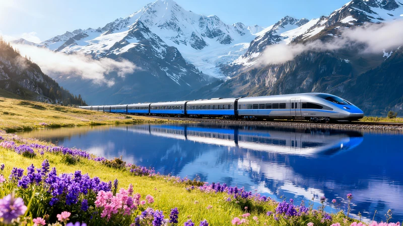 Swiss Alpine Train Snowy Mountain 8K Desktop Wallpaper
