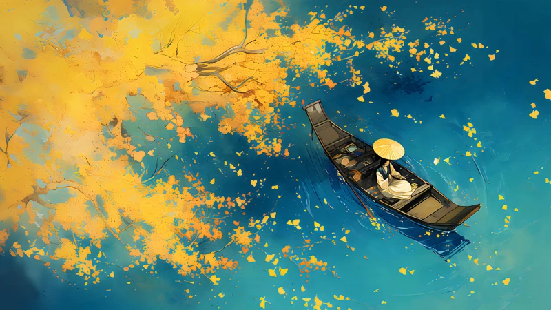 Chinese Style Autumn Leaves and Small Boat 8K Desktop Wallpaper