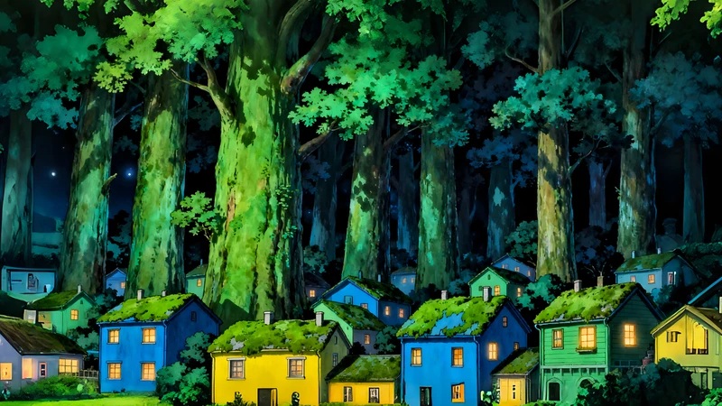 Anime Forest Village 4K Desktop Wallpaper