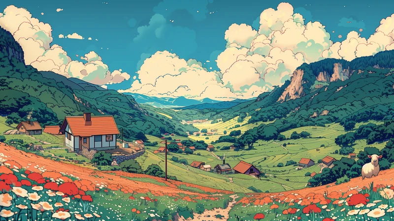 Studio Ghibli Style Mountain Valley 8K Ultra HD Desktop Wallpaper
