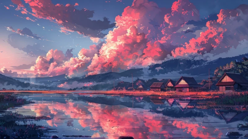 Japanese Village Sunset 8K Ultra HD Desktop Wallpaper
