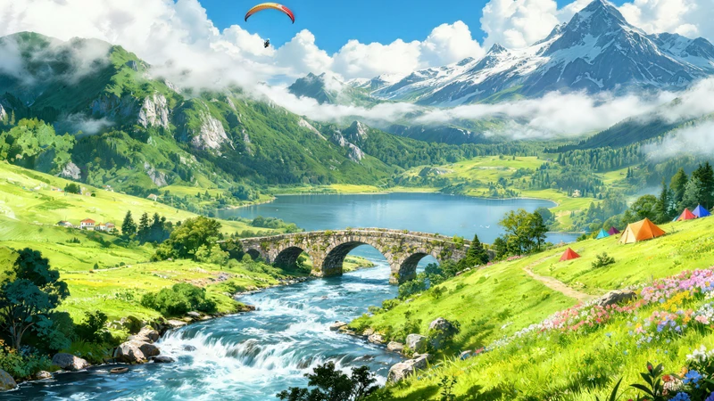 Anime-Style Valley Stream 8K Desktop Wallpaper