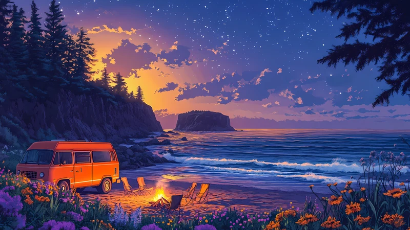 Oriental Art Coastal Night Sky 4K Desktop Wallpaper