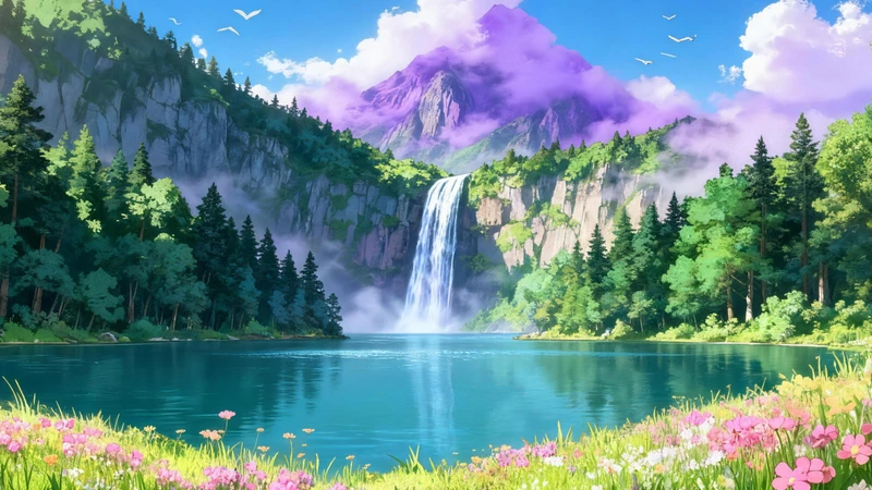 Anime-Style Landscape Waterfall 8K Ultra HD Desktop Wallpaper
