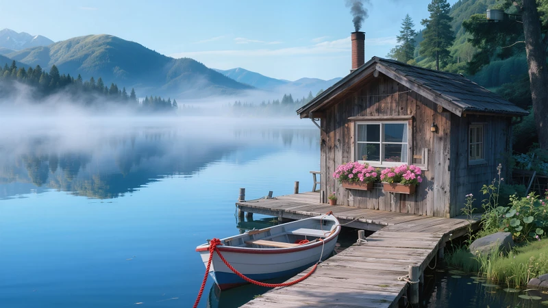 Nordic Lakeside Log Cabin 8K Desktop Wallpaper