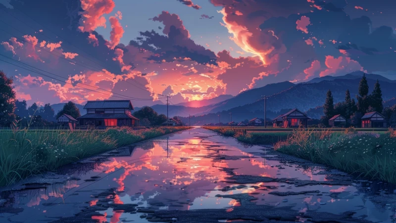 Japanese Village Sunset 8K Ultra HD Desktop Wallpaper