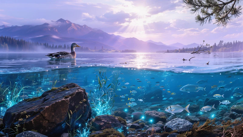 Dreamy Lake Scene with Duck and Fish School 8K Desktop Wallpaper