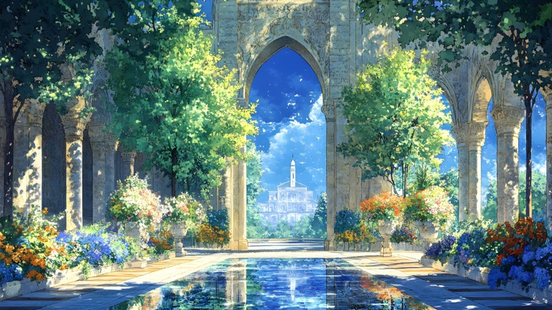 Anime Garden Courtyard 8K Ultra HD Desktop Wallpaper