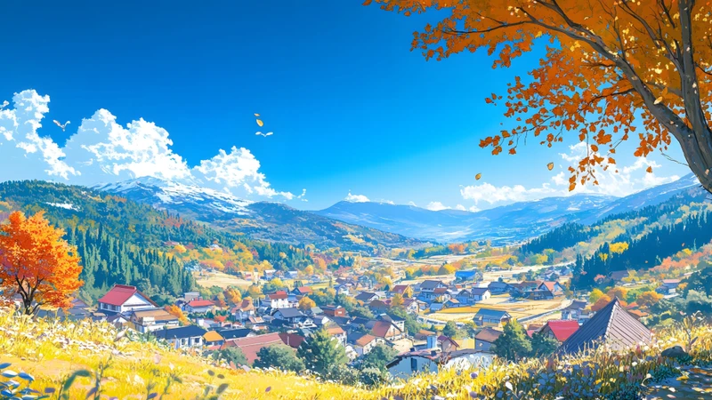 Japanese-Style Autumn Mountain Village 8K Ultra HD Desktop Wallpaper