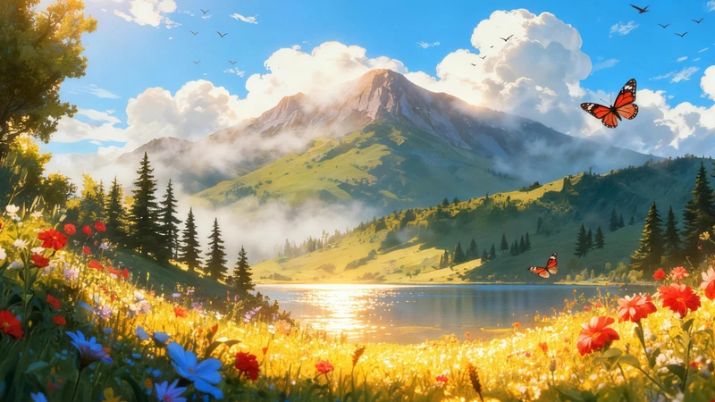 Anime-Style Mountain Lake Flower Field 8K Desktop Wallpaper
