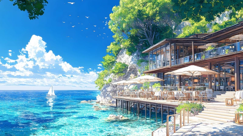 Japanese Anime Seaside Restaurant 8K Wallpaper