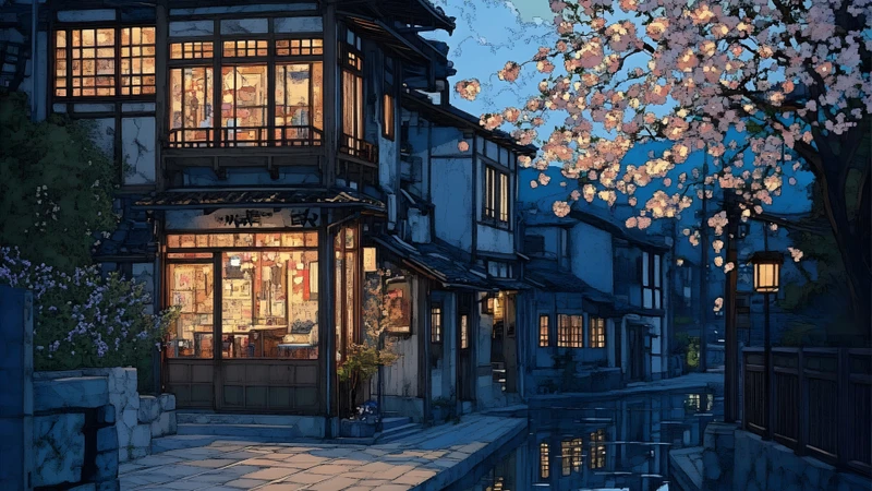 Japanese Cherry Blossom Town 8K Ultra HD Desktop Wallpaper