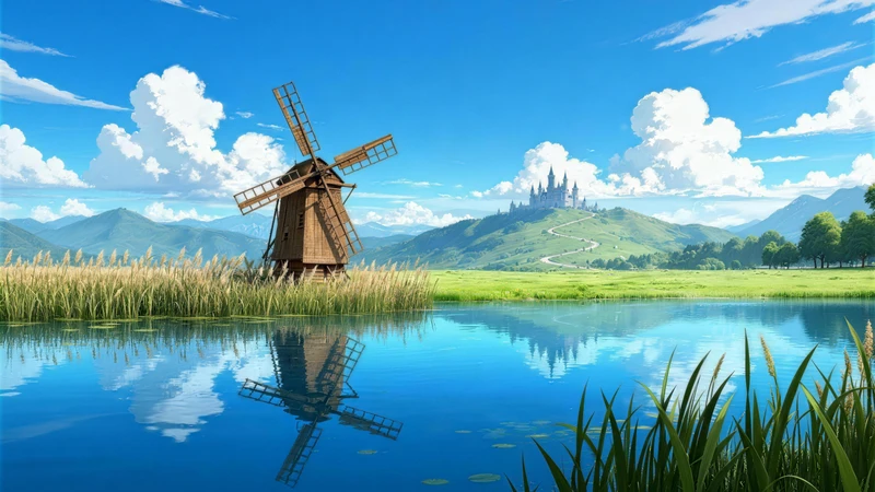 Anime-Style Windmill Castle 8K Desktop Wallpaper