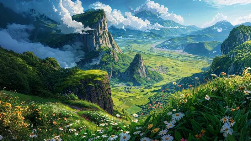 Studio Ghibli Style Mountain Valley 8K Ultra HD Desktop Wallpaper