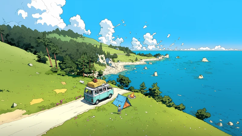 Anime Coastal Campsite 4K Desktop Wallpaper