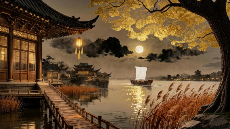 Chinese-style ancient pavilion night scene 8K desktop wallpaper