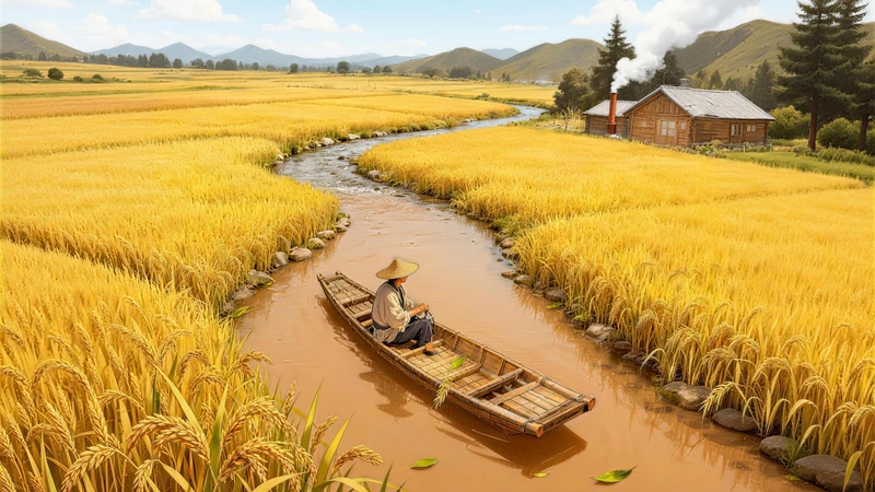 Chinese Style Golden Rice Fields Autumn Landscape 8K Desktop Wallpaper