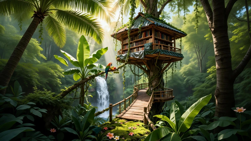 Tropical Rainforest Treehouse 8K Ultra HD Desktop Wallpaper
