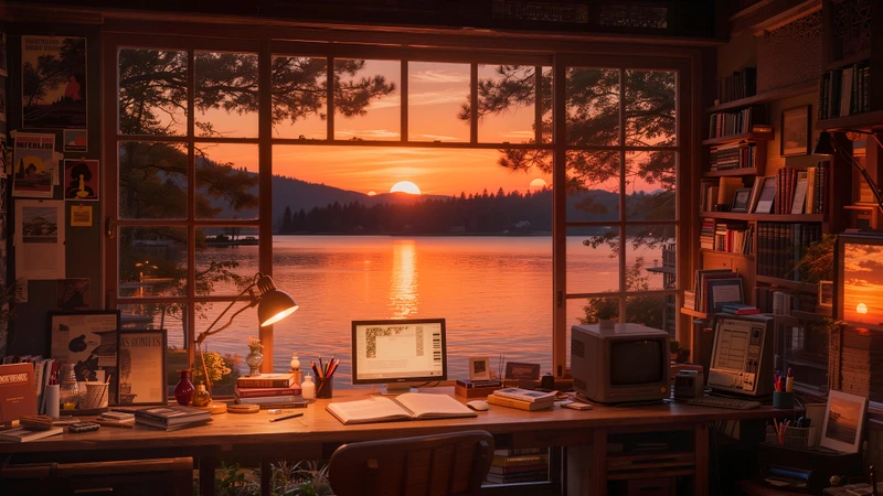 Retro Study Lakeside Sunset 8K Desktop Wallpaper