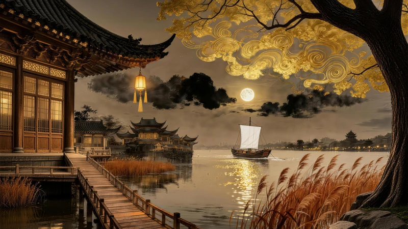 Oriental-Style Ancient Pavilion Night Scene 8K Desktop Wallpaper