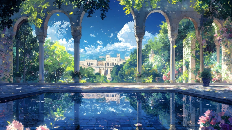 Anime Garden Courtyard 8K Ultra HD Desktop Wallpaper