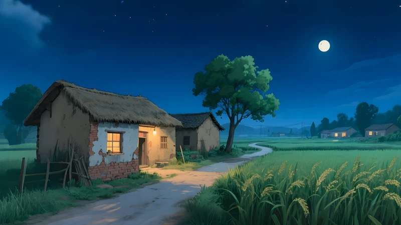 Japanese Rural Cottage Night 4K Desktop Wallpaper