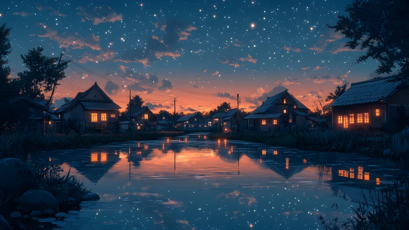 Japanese Village Night Sky 4K Desktop Wallpaper