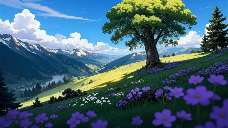 Anime-Style Mountain Flower Field 8K Desktop Wallpaper