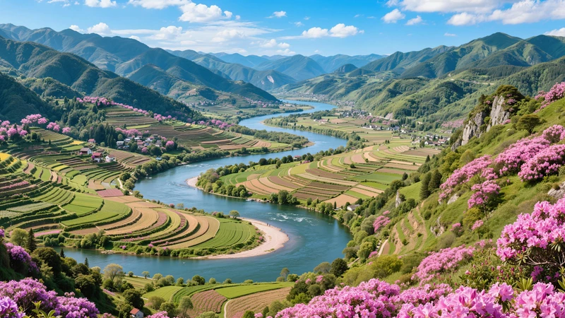 Valley River Terraced Fields 8K Desktop Wallpaper