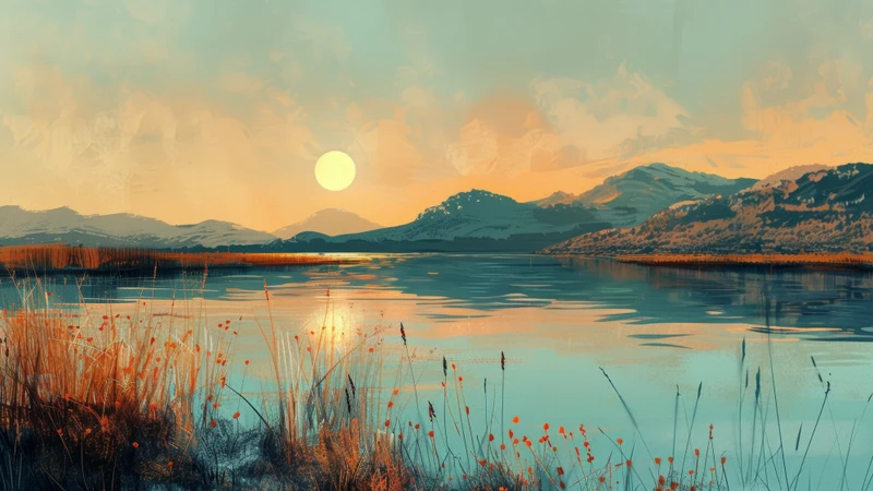 Oriental Art Sunset Lake 8K Ultra HD Desktop Wallpaper