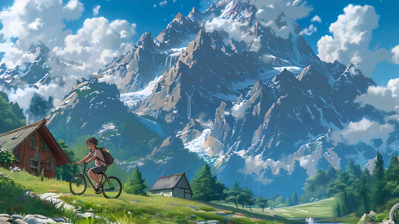 Studio Ghibli-Style Mountain Cycling 8K Desktop Wallpaper