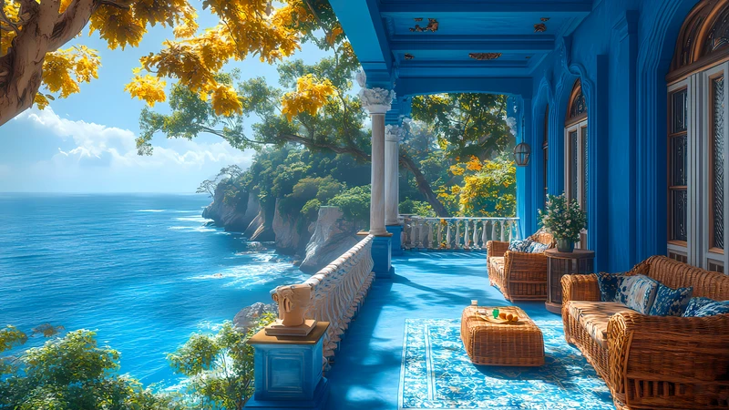 Mediterranean Coastal Veranda 4K Desktop Wallpaper