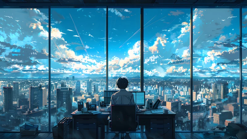 Anime Cityscape Office 8K Ultra HD Desktop Wallpaper