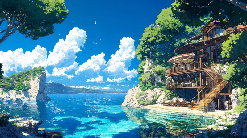 Japanese Anime-Style Seaside Wooden Cabin 8K Desktop Wallpaper