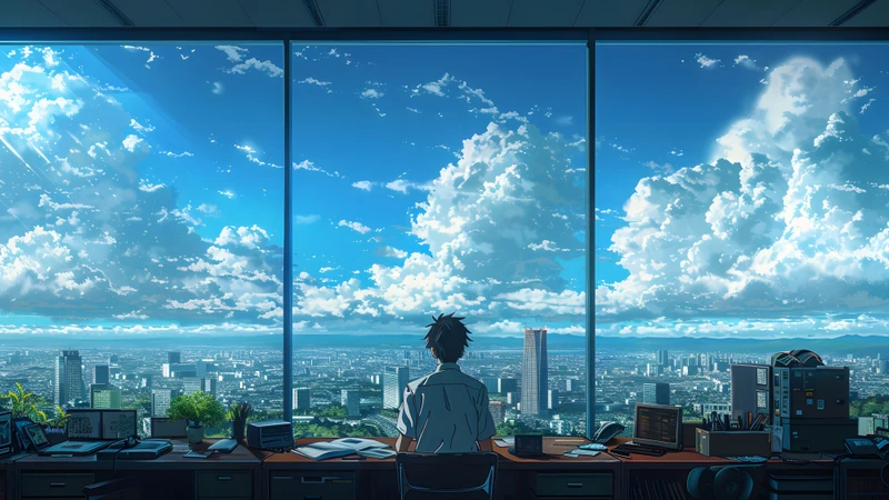 Anime Office Cityscape 8K Ultra HD Desktop Wallpaper