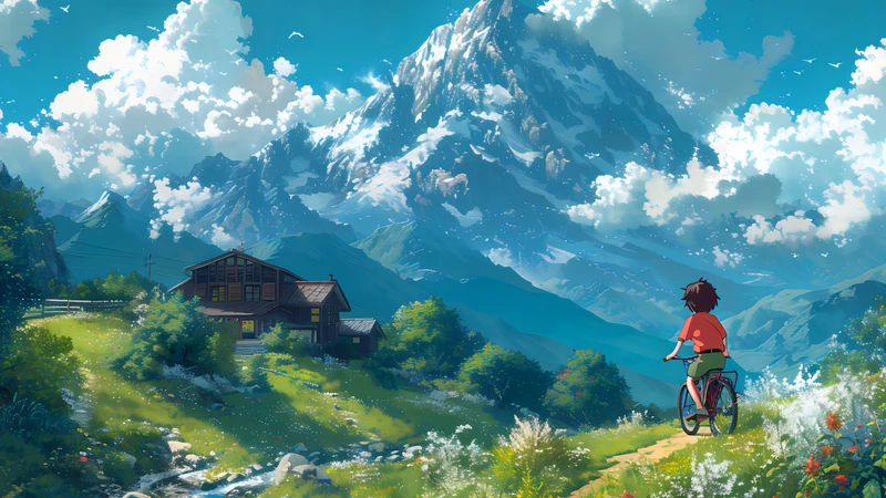 Studio Ghibli-Style Mountain Cycling 8K Desktop Wallpaper