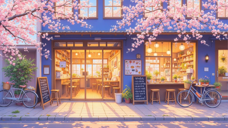 Japanese Cherry Blossom Café 4K Desktop Wallpaper