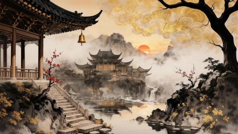 Chinese-Style Ancient Pavilion Sunset 8K Desktop Wallpaper